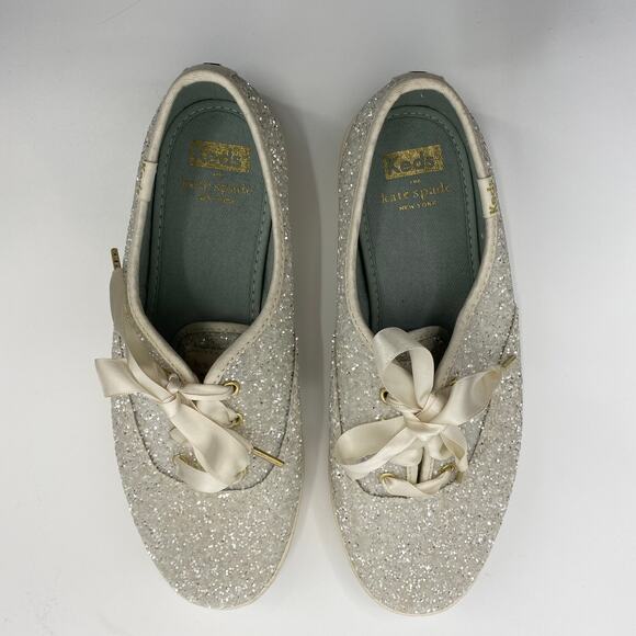 Keds x Kate Spade Glitter Sneakers Ivory Ribbon Womens Size 7 US - Picture 3 of 10